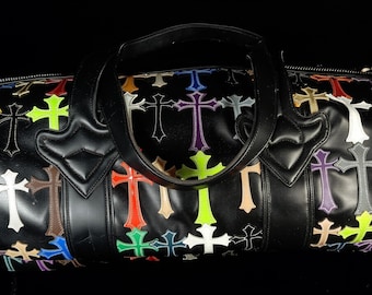 Benutzerdefinierte Ledertasche | Bunte Kreuz Patch Weekender Reisetasche | Gothic Streetwear Reisetasche