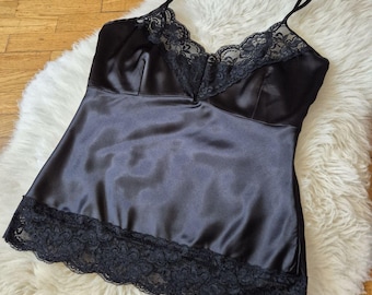 Top de tirantes estilo vintage Y2K de mezcla de seda: ribete de encaje negro, estilo gótico romántico, talla M-L