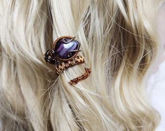 Wire Wrapped Purple Stone Snake Hair , Boho Copper Statement Jewelry