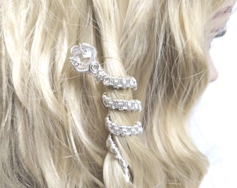 Wire Wrapped Snake Hair Coil with Clear Crystal Accent – Boho Hair Jewelry