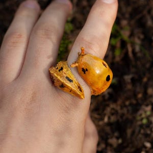 May include: A unique ring featuring two organic-shaped components. One is a golden-yellow, rounded form with black spots, and the other is a triangular, textured piece. The ring is a distinctive piece of jewelry.