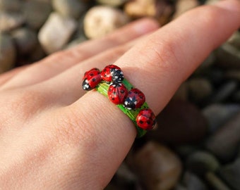 Adjustable Ladybug Ring: Handmade Polymer Clay Nature Jewelry