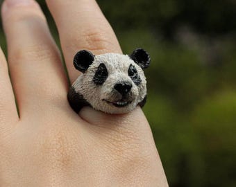 Bague panda faite main en pâte polymère : bijoux animaux réglables