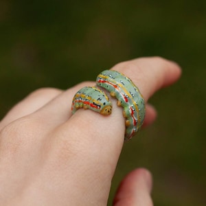 May include: A distinctive ring with a caterpillar design. The ring is made up of two parts, a smaller and a larger one, both in a light green colour with yellow, red, and white accents. The ring is worn on a finger.