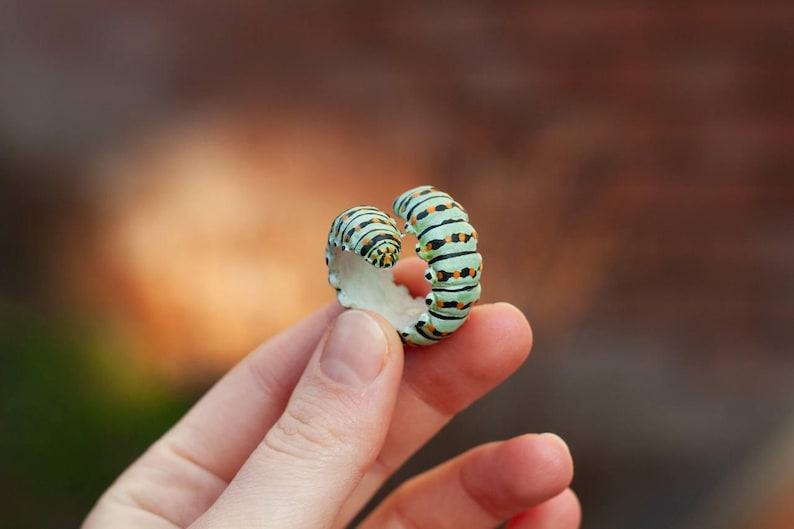 May include: A distinctive ring in the form of a caterpillar. The ring has a light green body with black and orange markings. The ring is held between two fingers against a blurred background.