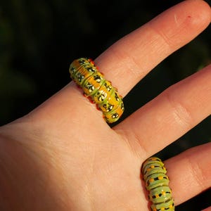 May include: Close-up of two colourful caterpillars resting on a hand. The caterpillars have a yellow and green segmented body with black and red markings. The background is a blurred green.