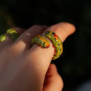 May include: A hand adorned with several caterpillar-shaped rings. The rings are predominantly green with yellow, orange, and red detailing, and small black spots. These rings are a unique and whimsical accessory.