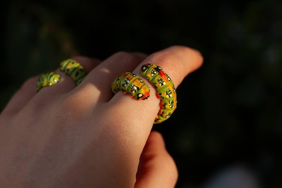 Custom Polymer Clay Caterpillar Ring: Unique Insect Jewelry