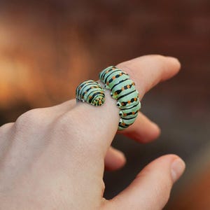 May include: A quirky ring in the shape of a caterpillar, with green and black striped segments and orange detailing. This unusual ring is a fun piece of jewellery.