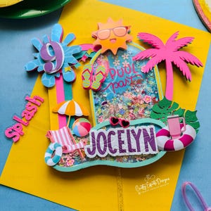 Topper para pastel Fiesta en la Piscina | Cumpleaños de Verano | Personalizado con nombre y edad | Decoración para pastel infantil