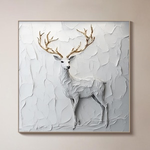 Original Deer Oil Painting 3d White Canvas Wall Art Modern Animal Artwork Wildlife Inspired Wall Art Office Wall Decor Living Room Wall Art