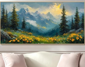 Puede incluir: Una pintura de un paisaje de montaña con un campo de flores amarillas en primer plano. Las montañas están en el fondo y están cubiertas de nieve. El cielo es azul y hay nubes en el cielo.