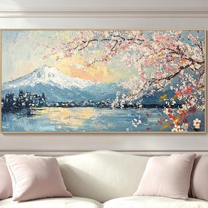 ピンクの桜の油絵 山の風景画 印象派 自然の壁アート 質感のある春のキャンバス 壁装飾 リビングルームの壁アート