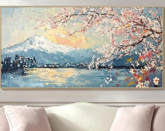 Pink Cherry Blossom Oil Painting Mountain Landscape Art Impressionist Nature Wall Art Textured Spring Canvas Wall Decor Living Room Wall Art