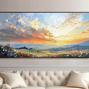 Original Mountain Sunset Painting Large Sunset Wall Decor Modern Textured Wall Art Landscape Art Wildflower Canvas Wall Art Bedroom Wall Art
