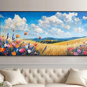 Wildflower Field Oil Painting Large Summer Landscape Wall Art Blue Sky and Clouds Canvas Art Colorful Floral Artwork Living Room Wall Decor