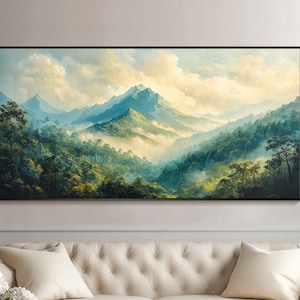 Misty Mountain Forest Oil Painting Large Serene Landscape Wall Art Green Nature Canvas for Tranquil Home Decor Original Landscape Painting
