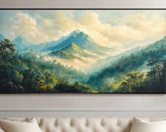 Misty Mountain Forest Oil Painting Large Serene Landscape Wall Art Green Nature Canvas for Tranquil Home Decor Original Landscape Painting