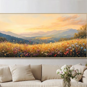Große Goldene Sonnenuntergang Wand Kunst Wildblumen Feld Ölgemälde Landschaft Leinwand Wand Kunst Berg Wand Dekor Wohnzimmer Wand Kunst Blumen Kunstwerk