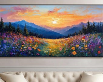 May include: A vibrant landscape painting featuring a sunset over a mountain range. The foreground is filled with colorful wildflowers, transitioning to a golden field. The sky is a mix of orange, pink, and yellow hues, with a black frame.