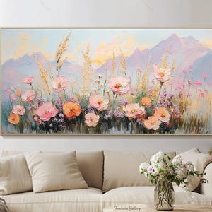 Pintura al óleo floral original, arte mural abstracto de montaña, lienzo de flores, gran arte mural texturizado 3D, arte mural para sala de estar, arte paisajístico