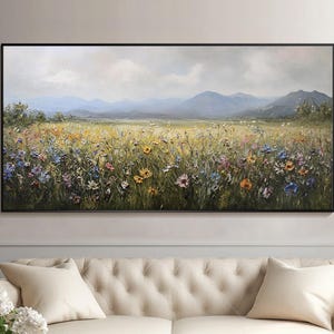 Wildflower Field Oil Painting Landscape Mountain Wall Art Large Floral Canvas Painting Textured Nature Artwork for Living Room Bedroom Decor