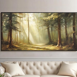 May include: A painting of a forest scene with tall trees and sunlight streaming through the branches. The painting is done in a realistic style with warm colors and soft lighting.