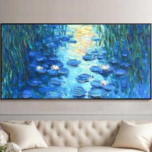青い睡蓮 - クロード・モネの手描きの油絵のレプリカ、夜に
