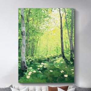 Original Birch Tree Oil Painting Sunlight Forest Canvas Art Vertical 3d Green Wall Art Landscape Art Living Room Wall Decor Modern Wall Art