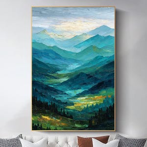 Original Mountain Oil Painting Large Green Wall Art Textured Landscape Wall Art  Abstract Minimalist Canvas Wall Art Living Room Wall Decor