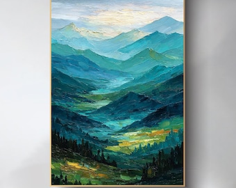 Original Berg Ölgemälde Große grüne Wand Kunst Strukturierte Landschaft Wand Kunst Abstrakte minimalistische Leinwand Wand Kunst Wohnzimmer Wand Dekor