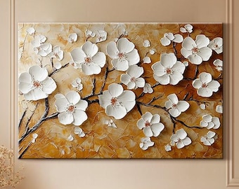 3D Abstract Textured Floral Wall Art Flower Oil Painting on Canvas Modern Flower Wall Decor Living Room Wall Art Minimalist Neutral Wall Art