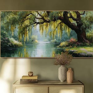 Original Pilträd Oljemålning Flodlandskap Väggkonst Natur Canvas Väggdekoration för Vardagsrum