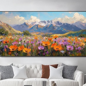 Original Mountain Painting Wildflower Canvas Painting Textured Landscape Canvas Art Colorful Floral Wall Art Living Room Wall Art Modern Art