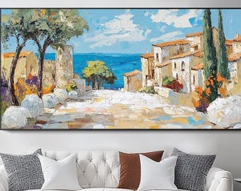 Original Landscape Oil Painting Coastal Mediterranean Village Canvas Art Large Textured Wall Art Tuscan Street Artwork Living Room Wall Art