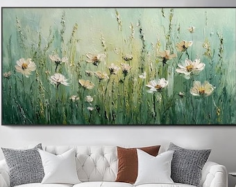 Dipinto a olio originale con fiori di campo, arte murale floreale testurizzata, arte paesaggistica, grande tela, decorazione murale boho, decorazione murale per camera da letto in stile cottage.