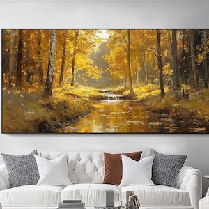 Autumn Forest Landscape Oil Painting Golden Fall Trees Wall Art Large Stream Textured Wall Art Original Nature Canvas forLiving Room Decor