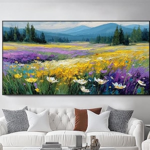 Flower Field Oil Painting Large Textured Wall Art Wildflower Wall Art Mountain Landscape Painting Living Room Wall Decor Horizontal Wall Art