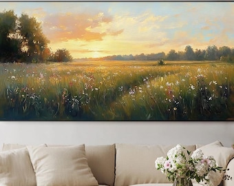 Original Meadow Landscape Oil PaintingLarge Sunset Field Wall Art Horizontal Nature Wall Art Colorful Wall Art Living Room Bedroom Wall Art