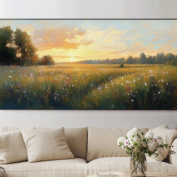 Pintura al óleo original de paisaje de pradera, gran campo al atardecer, arte mural horizontal de naturaleza, arte mural colorido, arte mural para sala de estar y dormitorio.