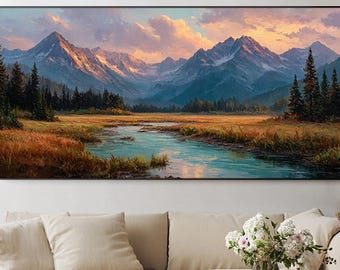 Original Landscape Oil Painting Mountain Sunset Wall Art Living Room Bedroom Wall Decor