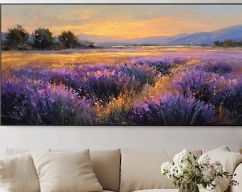 Original Landscape Oil Painting Wall Art Lavender Field Sunset Canvas Art Living Room Wall Decor