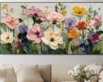 Pintura a óleo original em impasto, arte floral colorida para parede, tela com flores, decoração para sala de estar.