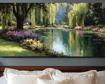 Original Textured Oil Painting Willow Tree Landscape Wall Art Living Room Bedroom Wall Decor Green Garden Canvas