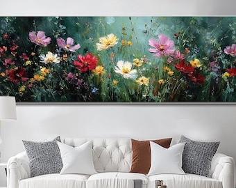 Kleurrijke bloemen muurkunst Wildflower veld olieverfschilderij getextureerde canvaskunst natuur muur decor woonkamer slaapkamer muur decor lente muur kunst