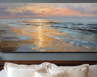 Original Ocean Oil Painting Large Sunset Seascape Wall Art Living Room Wall Decor