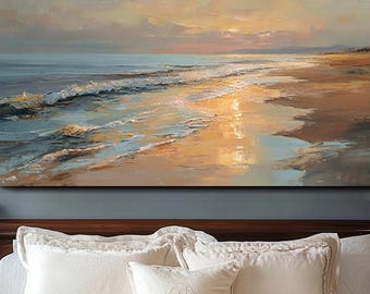 Gran cuadro mural de paisaje marino, pintura al óleo original de un paisaje al atardecer, decoración para la pared del salón o el dormitorio.