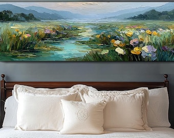 Original Landscape Oil Painting Large Green Wall Art Mountain River Artwork Bedroom Wall Art