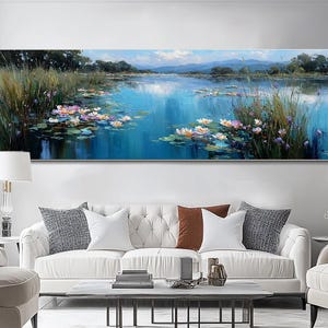 Original Water Lily Oil Painting Large Nature Wall Art Panoramic Lotus Floral Wall Art Impressionist Canvas Art Living Room Bedroom Wall Art