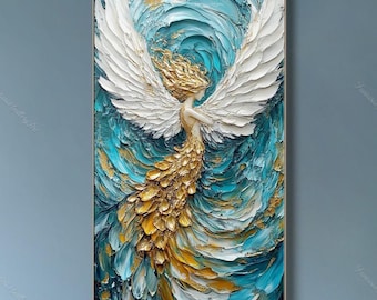 Original Angel Oil Painting on Canvas Gold Angel Wall Art Textured Palette Knife Painting Abstract Religious Wall Decor Living room Wall Art